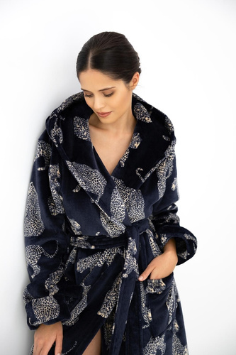 Accappatoio donna Sensis Vespera blu scuro con cappuccio lungo con stampa animalier