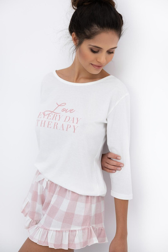 Emily Sensis - Pigiama da donna in cotone | camicia a 3/4 e pantaloncini a quadri con volant