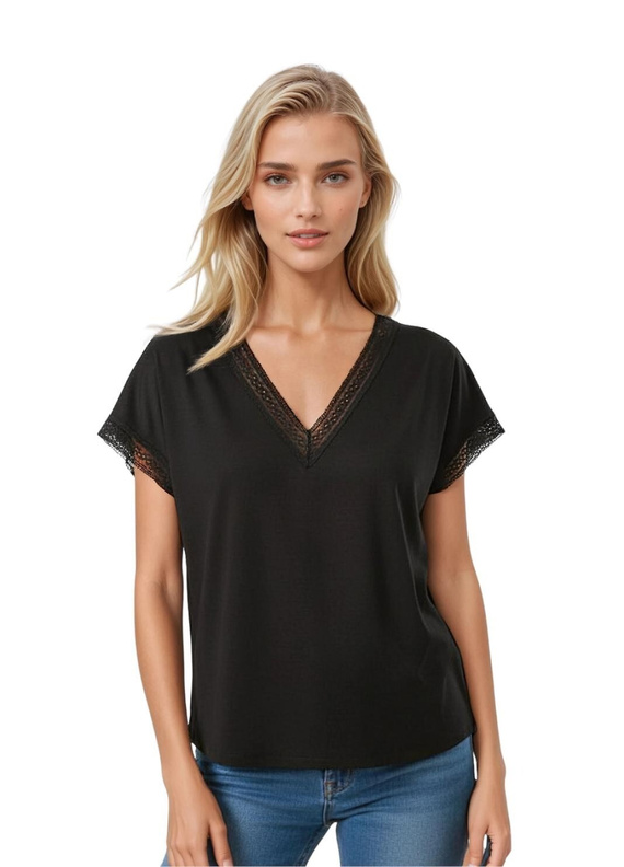 Elegante blusa da donna Flaviana Eldar nera | Nastro traforato, scollo a V, viscosa elasticizzata | Ideale per uno stile casual