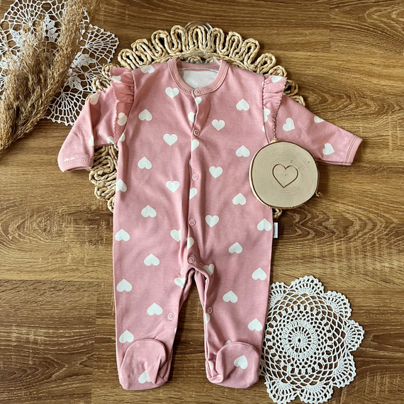 Mamatti baby pajacifier PA13040 HEARTS - cotone, con piedini, con bottoni a pressione, rosa