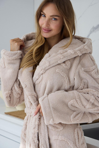 Accappatoio lungo da donna Elodie 2633 con cappuccio, morbido, caldo, con cintura, angora
