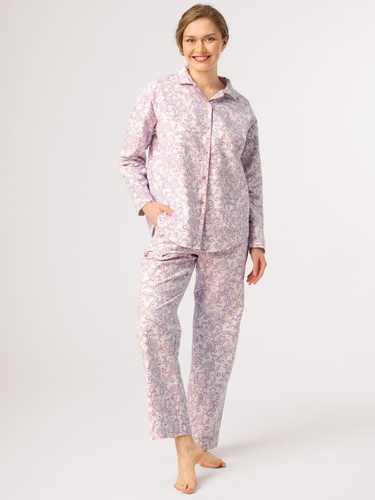 Pigiama donna Key LNS 406 ecru – flanella 100% cotone, fiori, bottoni