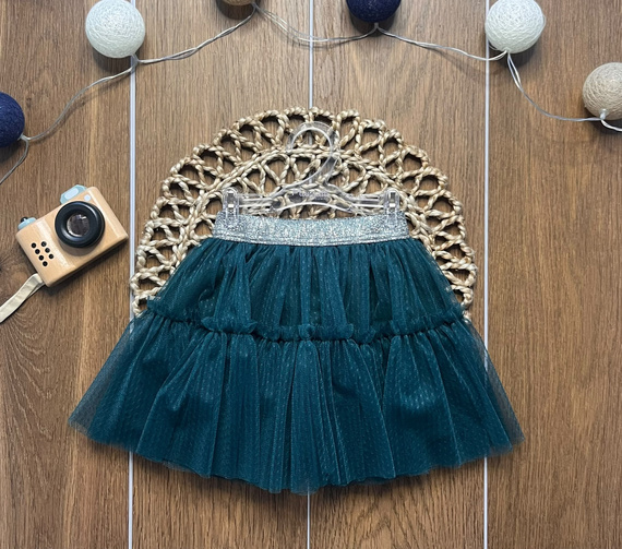 Gonna bambina verde ST119 in tulle morbido metallizzato con elastico in vita