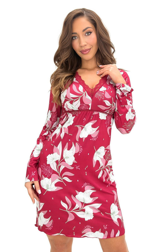 Camicia da notte Donna Brigitte II bordeaux in viscosa con pizzo manica lunga