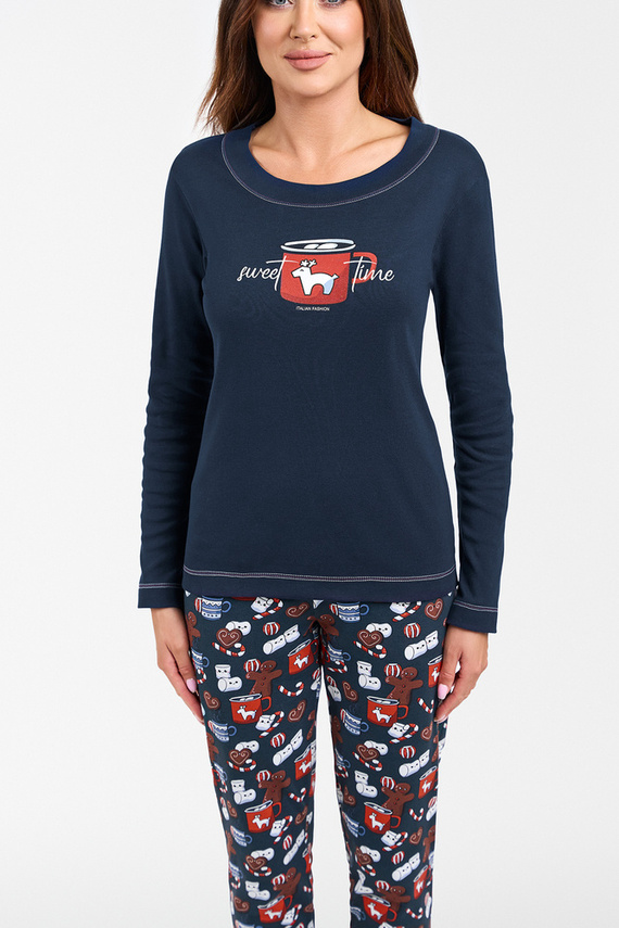Makala Pigiama a maniche lunghe e pantaloni lunghi da donna Italian Fashion - blu navy/stampa
