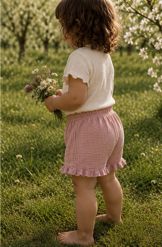 Mamatti SZ50310 pantaloncini bambini in mussola rosa sporco, traspiranti ed eleganti