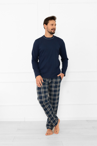Pigiama uomo Andreas - manica lunga, pantalone lungo, cotone Moda Italiana - blu navy/stampa