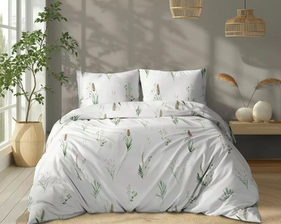 5771 A Cotton Bloom Detexpol Biancheria da letto bianca con erbe e spighe - 100% cotone, double face, produzione polacca