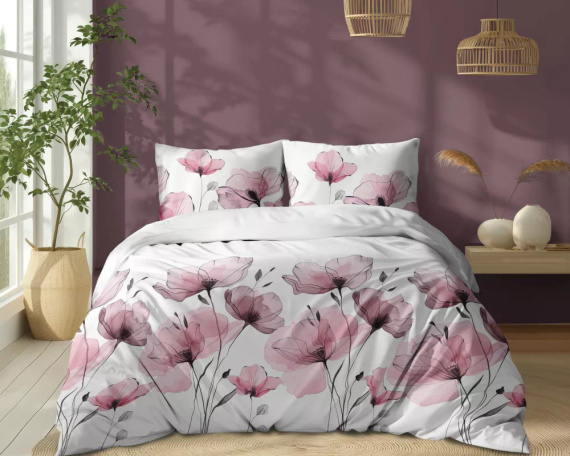 5496 B Biancheria da letto in cotone bianco con fiori rosa acquerellati Naturalis- Detexpol