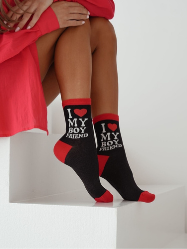 Calzini da donna Milena 0200-151 I Love My Boyfriend nero - Calzini in cotone per San Valentino, perfetti per un regalo, ad alto comfort