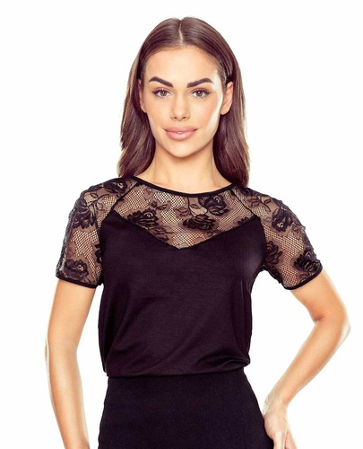Elegante blusa da donna Ursa Eldar nera| Dettagli in pizzo, viscosa elasticizzata, manica corta | Must-have per ogni occasione