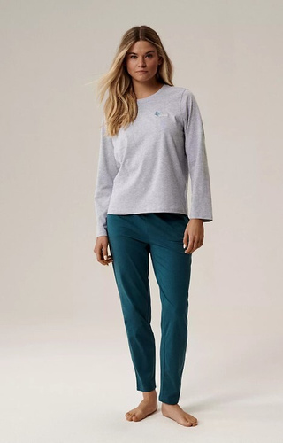 NLP-498 Grigio atlantico - smeraldo - pigiama donna in cotone, manica lunga e pantaloni
