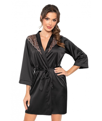 Sabrina Donna vestaglia nera - vestaglia in raso con pizzo, legata in vita