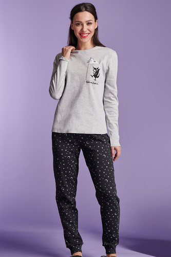 Shearly Pigiama donna grigio Sorbetto - 100% cotone, applicazioni 3D, pantaloni con coulisse