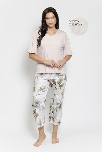 Pigiama 3567 Afrodite Taro beige- Pigiama da donna in cotone con stampa floreale, manica 7/8