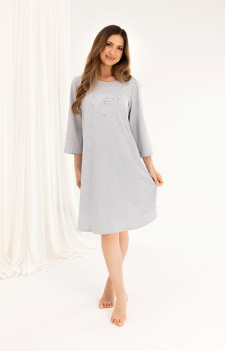 Camicia da notte in cotone 167 grigio manica 3/4, stampa, svasata, prima del ginocchio