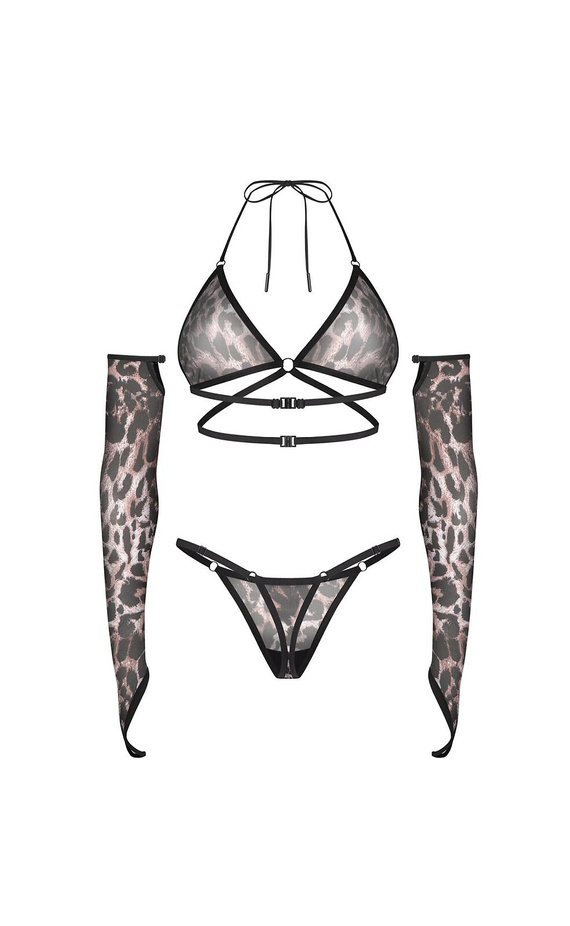 Completo Obsessive Addia stampa leopardata reggiseno soft e stringi con guanti