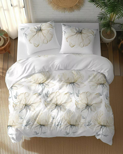 5770 B Cotton Bloom Detexpol biancheria da letto bianca con grandi fiori color crema - 100% cotone, reversibile, produzione polacca
