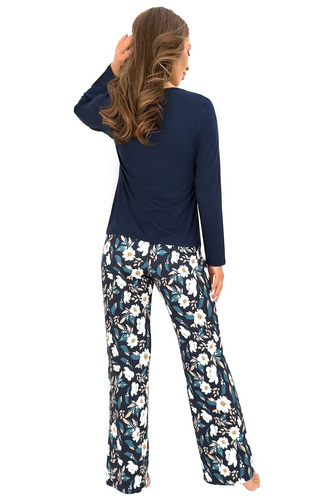 Donna Irene Long pigiama donna in viscosa blu navy con pizzo e fiori