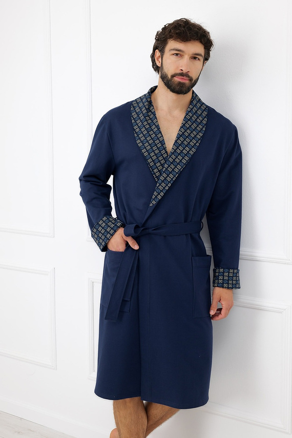 Szlafrok uomo Broken Italian Fashion in cotone blu navy con cintura
