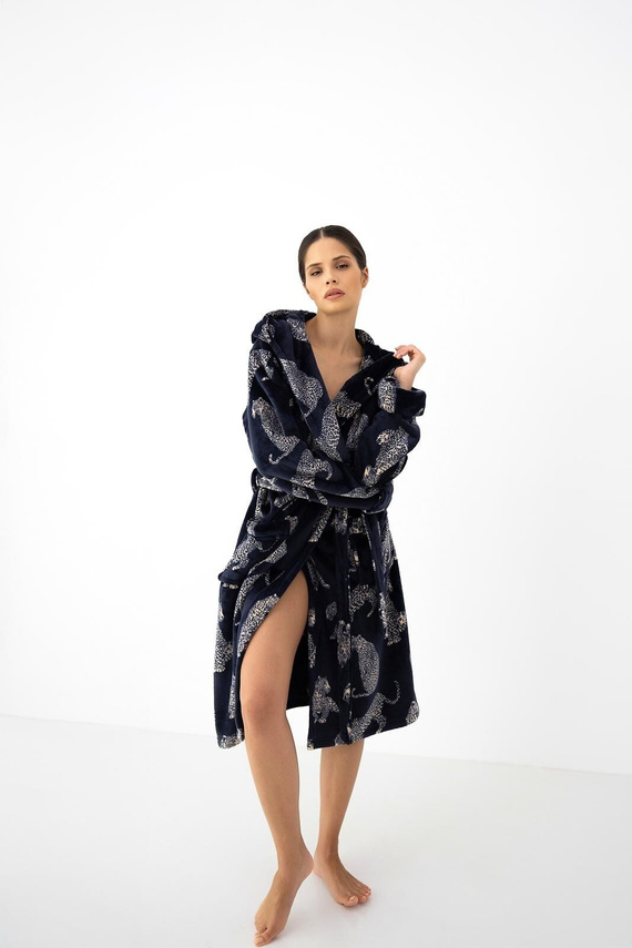 Accappatoio donna Sensis Vespera blu scuro con cappuccio lungo con stampa animalier