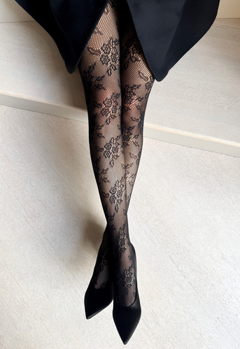 Collant Veneziana Gia nero - cabaret con motivo floreale, senza rinforzi sulle dita dei piedi
