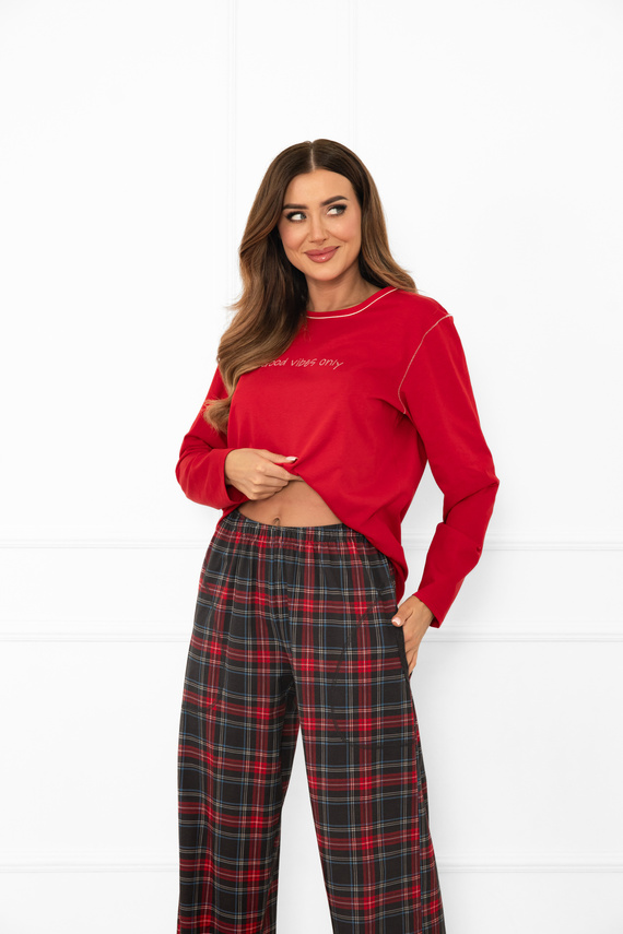 Pigiama da donna Italian Fashion in rosso - cotone, manica lunga e pantalone, a quadri