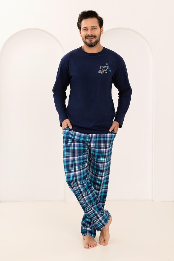 Pigiama da uomo Regina 507 blu navy - cotone, lungo, camicia stampata e pantaloni a quadri