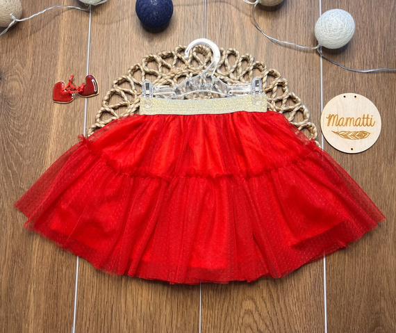 Gonna bambina rossa ST115 in tulle morbido, tulle metallizzato, elastico in vita