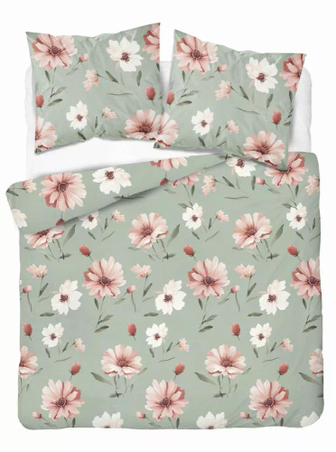 5502 B Biancheria da letto in cotone menta con fiori crema e rosa Naturalis- Detexpol