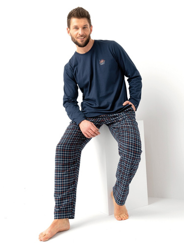 MNS 481 Pigiama Key da uomo blu navy - cotone, manica lunga e pantalone tinta unita