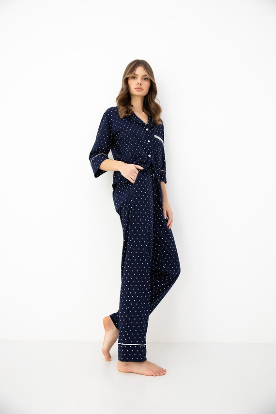 Pigiama donna Sensis blu navy 100% cotone colletto bottoni manica 3/4