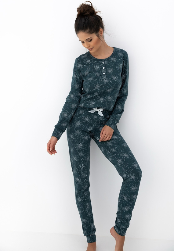 Pigiama Ellison Sensis donna verde - pigiama a maniche lunghe in cotone con polsini a costine