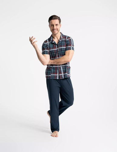 Pigiama uomo Moraj PDM6200-003 blu scuro, aperto con bottoni, cotone con tasche