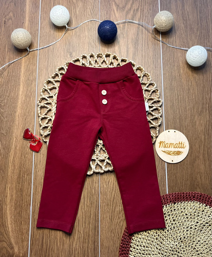 Mamatti SM020 pantaloni bambini in cotone bordeaux con tasche e bottoni in legno