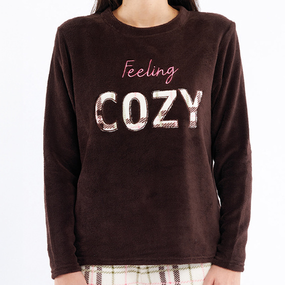 Pigiama marrone Liliana Sorbetto - caldo pile a quadri con ricamo