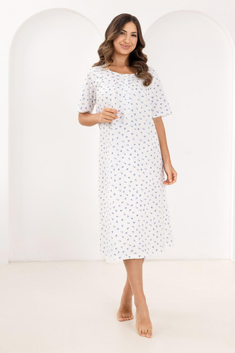 019 Camicia da notte Regina blu - lunga, in cotone, con scollatura a bottoni