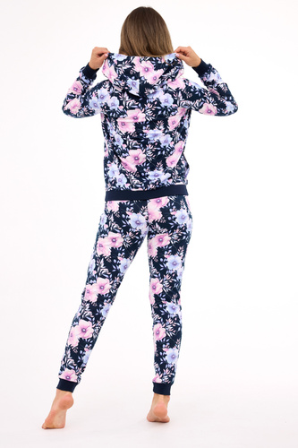 355/464 Pigiama da donna Maddie Cornette - 3 pezzi blu navy con camicetta con fiori e felpa con cappuccio