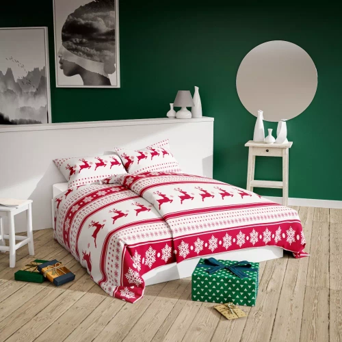 4A Xmass Biancheria da letto natalizia in cotone Spod Igły i Nitki - renna fiocchi di neve strisce bianco rosso, set con cerniera, 100% cotone