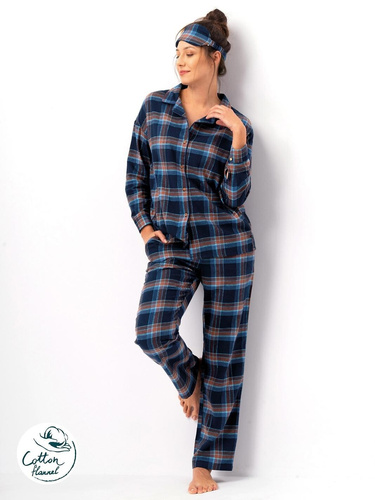 Pigiama da donna Key LNS 431 blu navy - flanella di cotone, manica lunga, bottoni