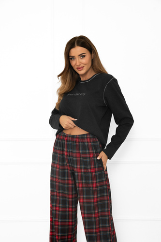 Pigiama donna Italian Fashion in cotone melange scuro, manica lunga e pantalone, a quadri