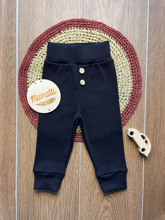 Leggings da bambino LC005 blu navy in cotone a coste con bottoni in legno