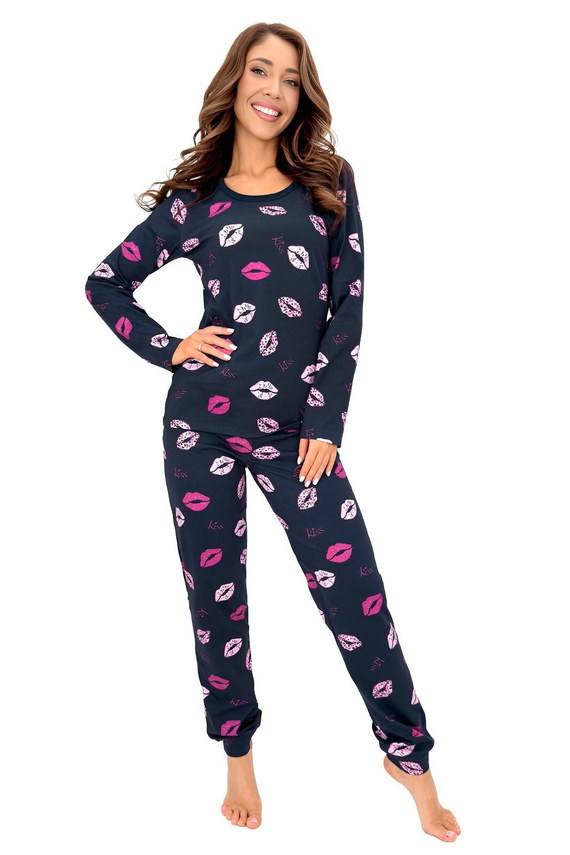 Donna Kiss Long pigiama donna blu navy 100% cotone pantaloni lunghi