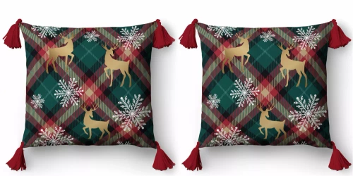 5381 Una federa decorativa natalizia Christmas Deco Detexpol con renne e fiocchi di neve su uno sfondo a traliccio - zip