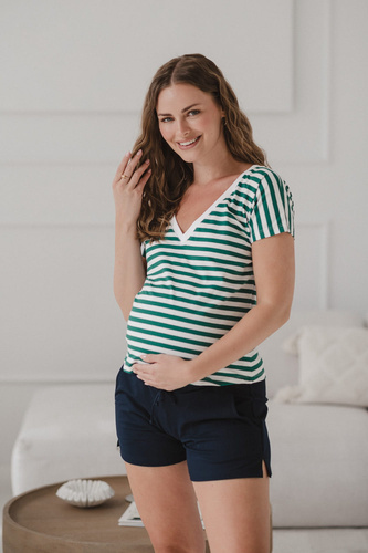 Camicetta da gravidanza e allattamento Two Ways | Manica corta, confortevole Milk&Love a righe verdi e bianche