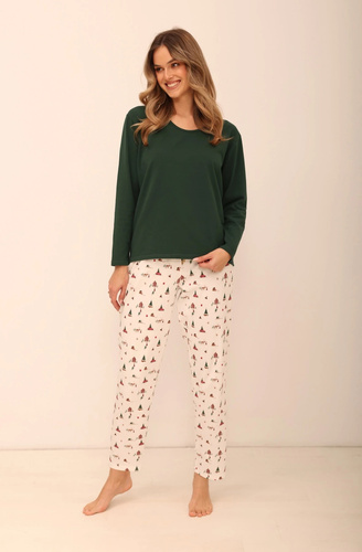 Pigiama donna Taro 3688 Zaria verde in cotone con pantaloni lunghi, tema natalizio