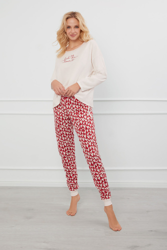 Evora Pigiama da donna manica lunga, pantalone lungo Moda italiana - ecrù/stampa