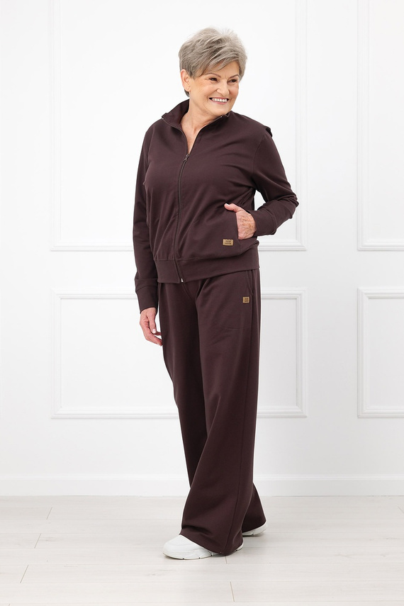 Felpa donna Credo Italian Fashion in cotone con zip, collo alla coreana, tasche - marrone