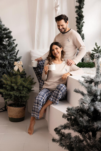 Pigiama da uomo Regina 507 beige - cotone, lungo, camicia stampata e pantaloni a quadri