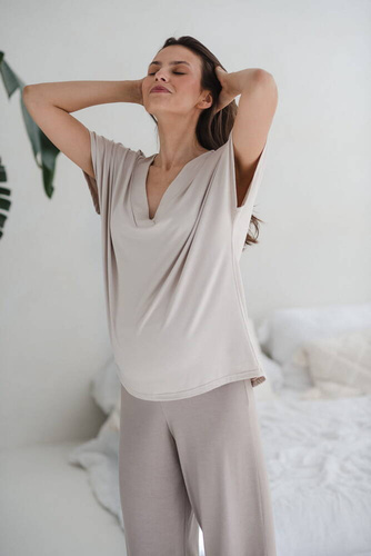 Moon bambusowa bluzka od piżamy ciążowej do karmienia krótki rękaw Milk&Love jasny beżowy